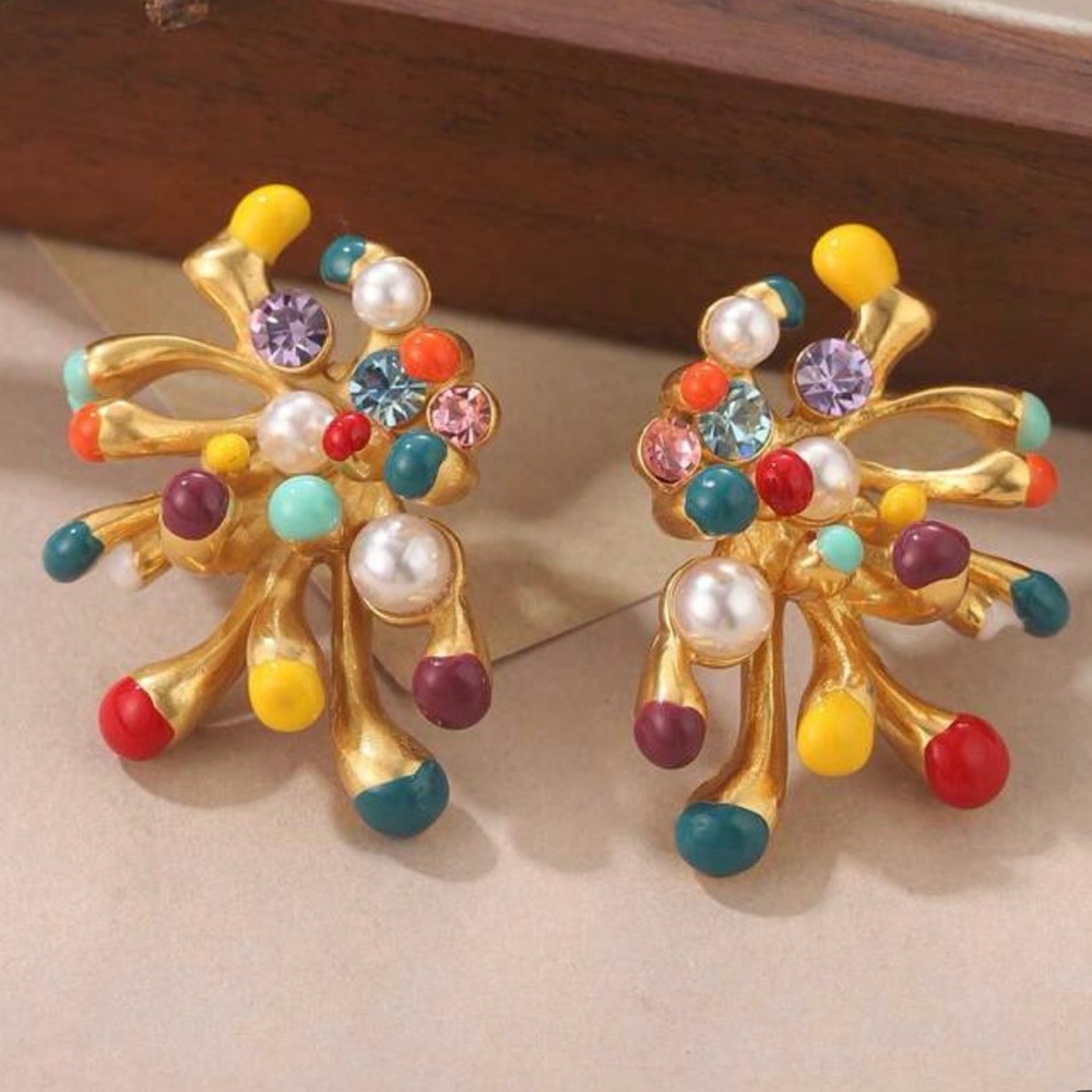 Anthropologie Gold Statement Earrings Multicolor Gem Cluster Luxe Designer Style